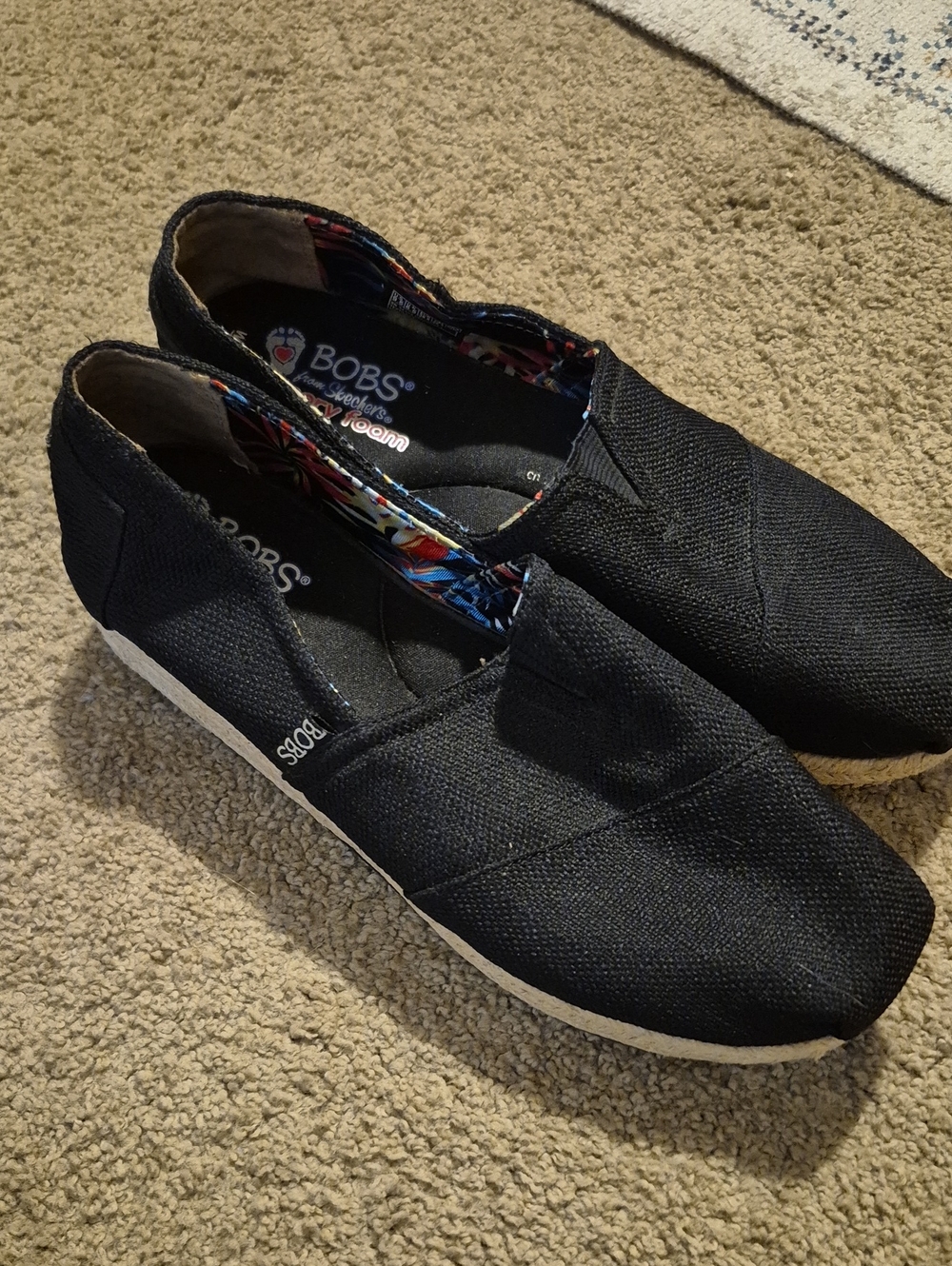 Skechers BOBS Black Canvas Wedge Slip-Ons with White Outsole